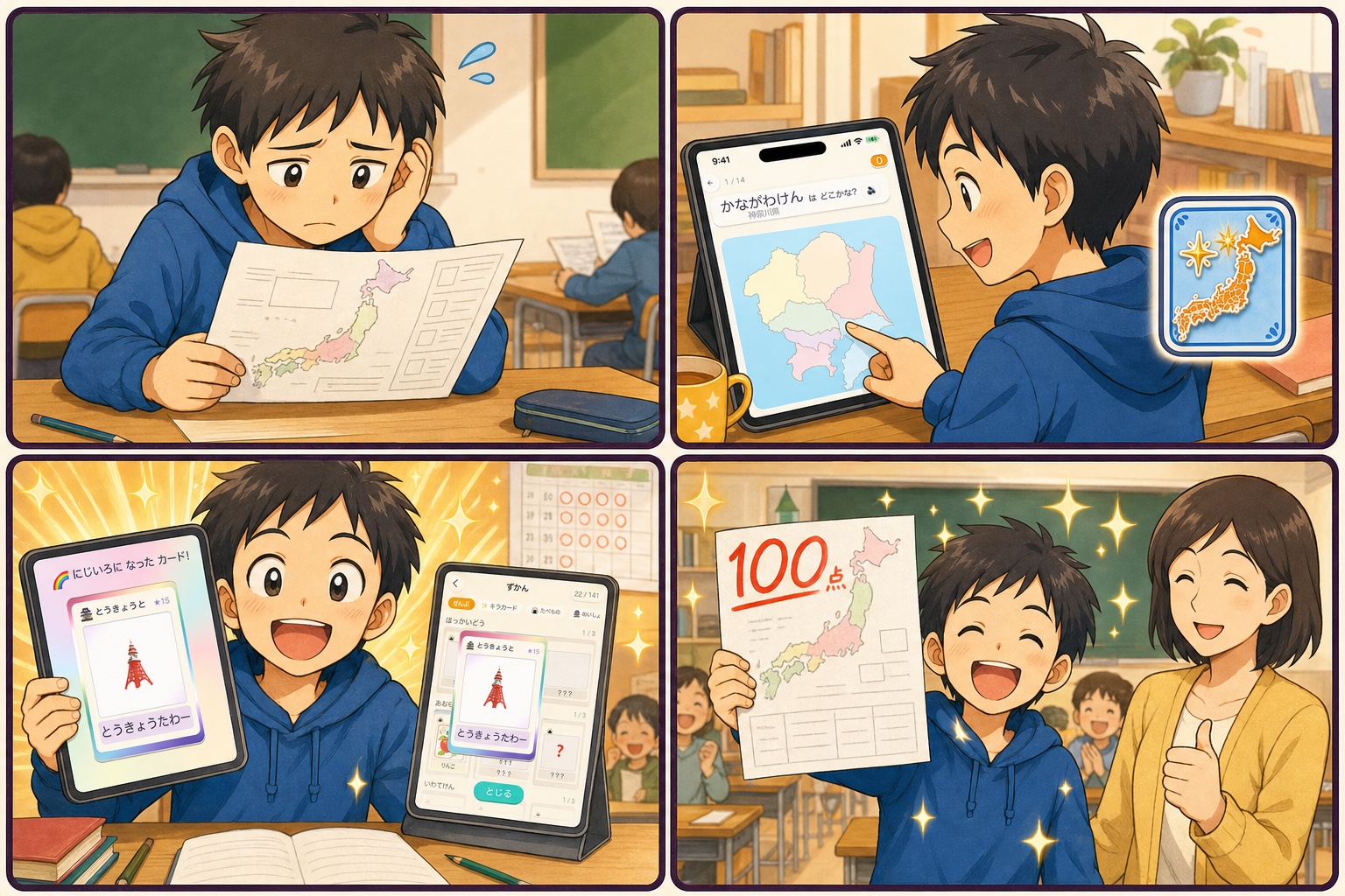 地図のテストが苦手だった小学生が、めざせ！ちずはかせで遊びながら覚え、次のテストで100点を取るまでを描いた4コマ漫画
